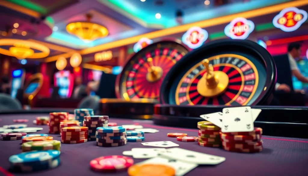 Gambling action at a vibrant casino scene showcasing games from https://rr88a.us.com/ with poker chips and roulette wheel.