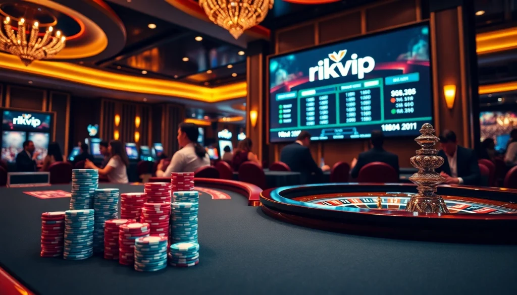 Experience the thrill of rikvip with an exciting view of a vibrant casino scene featuring poker chips and a roulette wheel.