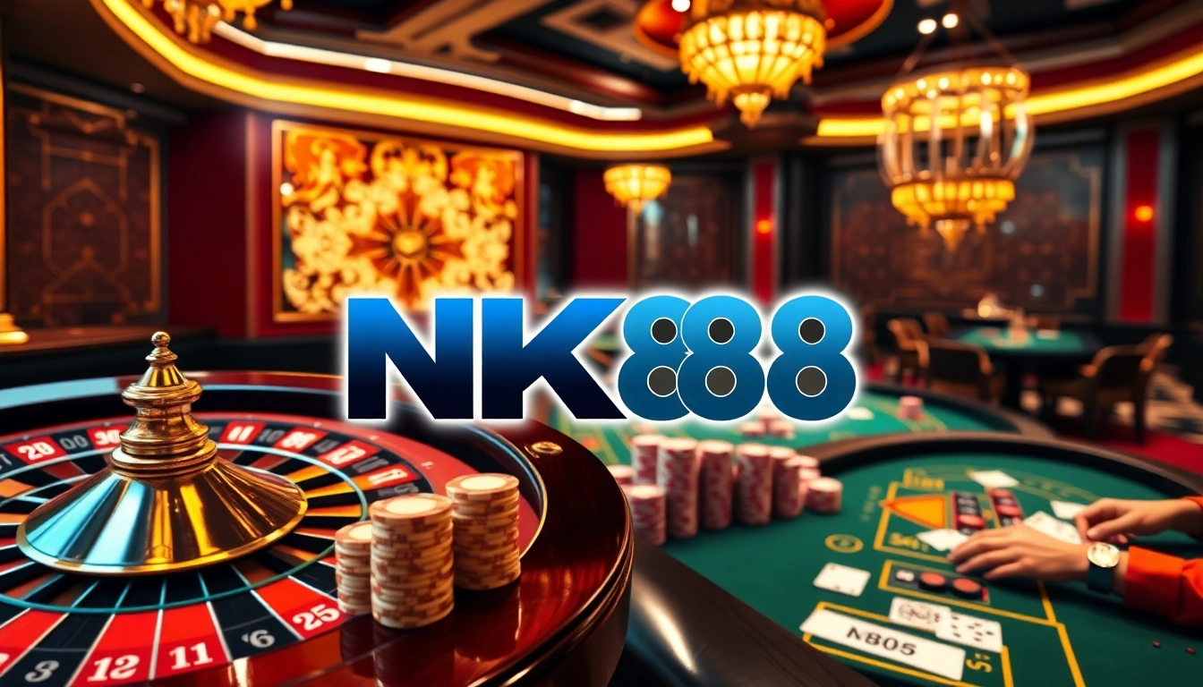 NK88 - Players enjoying high-stakes gaming at a luxurious online casino table.