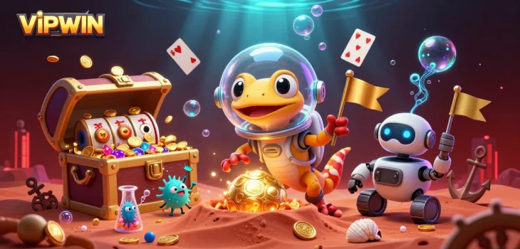 Join the excitement at VIPWIN casino featuring a Martian gecko discovering treasures in a vibrant, intergalactic setting.