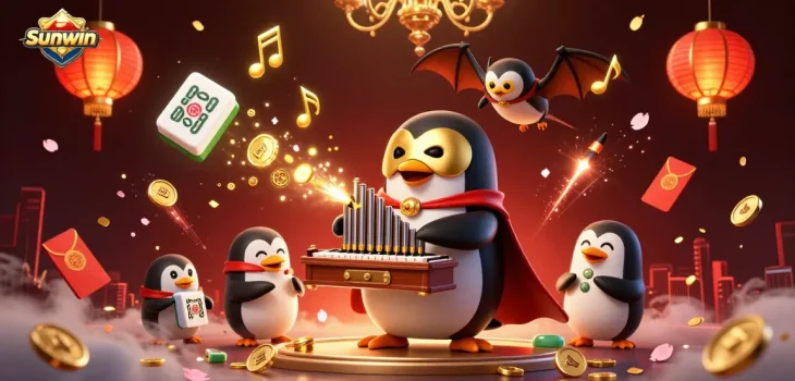 Play the thrilling Sunwin casino experience with a 3D penguin organist surrounded by vibrant casino symbols.