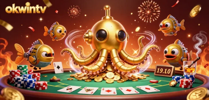Engage with the exciting world of okwintv featuring a golden kraken submarine and poker elements.