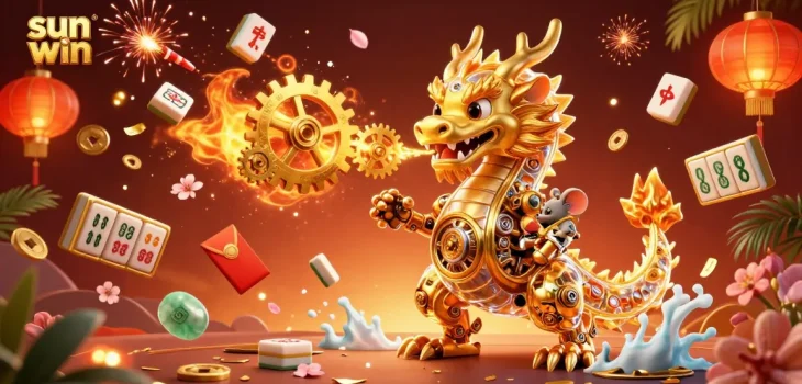 Experience the excitement of sun win with a casino-themed 3D illustration featuring a golden dragon amidst bright gambling elements.