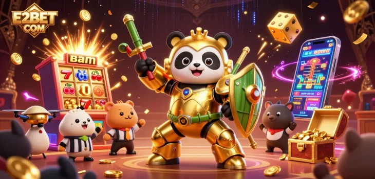E2BET COM showcases thrilling casino excitement with a golden panda in a mech suit, jackpot slots, and vibrant game elements.