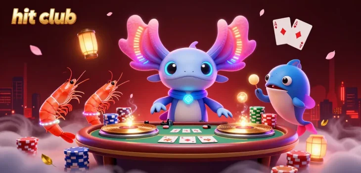 Experience the excitement of hit club with a vibrant scene of a neon axolotl DJ and casino elements.