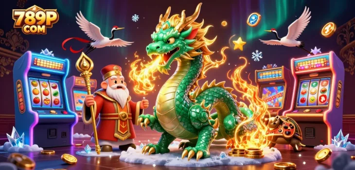 Engage with 789P COM's vibrant casino experience featuring dynamic gaming elements and a lucky jade dragon.